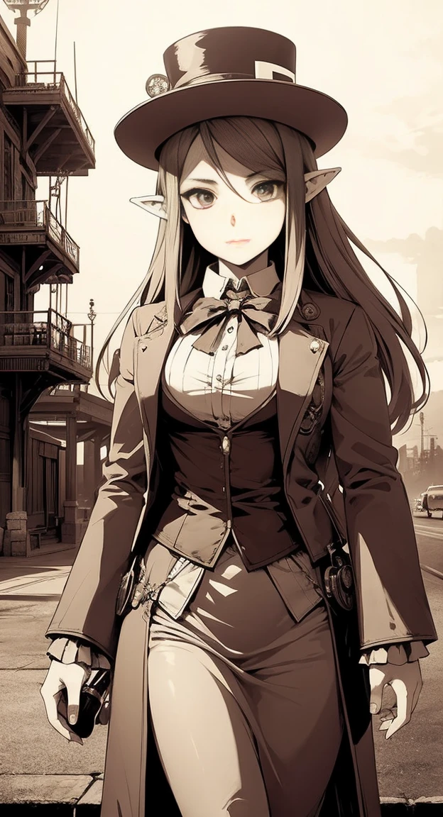 Sophisticated Hylia, hat, steampunk suit, airship, muted colors, red filter, aged photo effect,