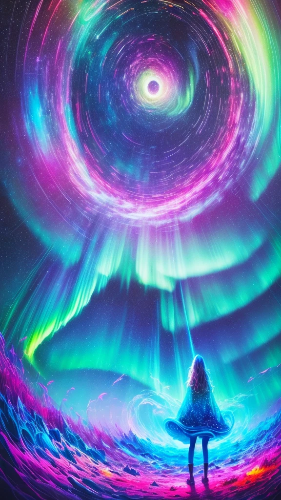 (Girl standing in front of a swirl of colorful Northern Lights: 1.5),((Neon Star, Around the flowers,truth, expecting, Depth-of-fie, insight, Understood, mont, The Milky Way is lush, Translucent clouds, spectrum, in a panoramic view, Interstellar cycles, cycle, portal, Mare, extreme light, The Global Northern Lights,The sky is covered in the beautiful Northern Lights)),Bright colors,Thick lines,wave,Multi-layered,foreground、Faraway view、fractal thunder dan mumford,Dammford and Alex grey style,Psychedelic surrealist art,Surrealist psychedelic design,dream art style,Illusion psychedelic art,Infinite psychedelic waves,Inspired by Cyril Rolando (Cyril Rolando),Authentic ripple structure,Psychedelic art style,trippy art,psychedelic illustrations