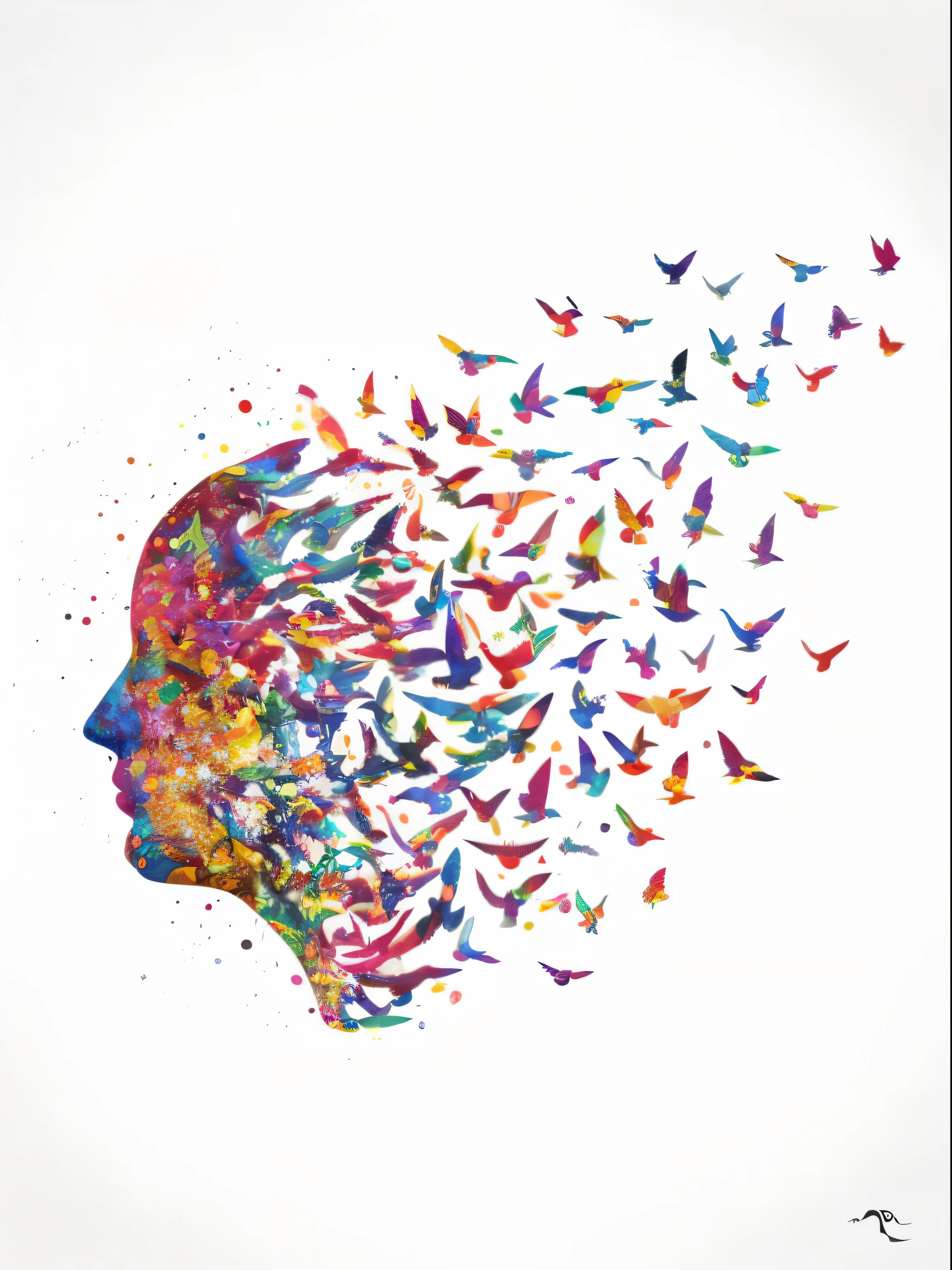 Close-up of a person's head with a flock of birds flying around., Whatever is on my mind, psychedelic therapy, Stunning art, Melting colorful human heads, There's a bird on her head., artistic illustrations, Those who can open their minds, beautiful artwork, Philosophical paint splash, โดย Paul Bird, collective consciousness, colorful artwork