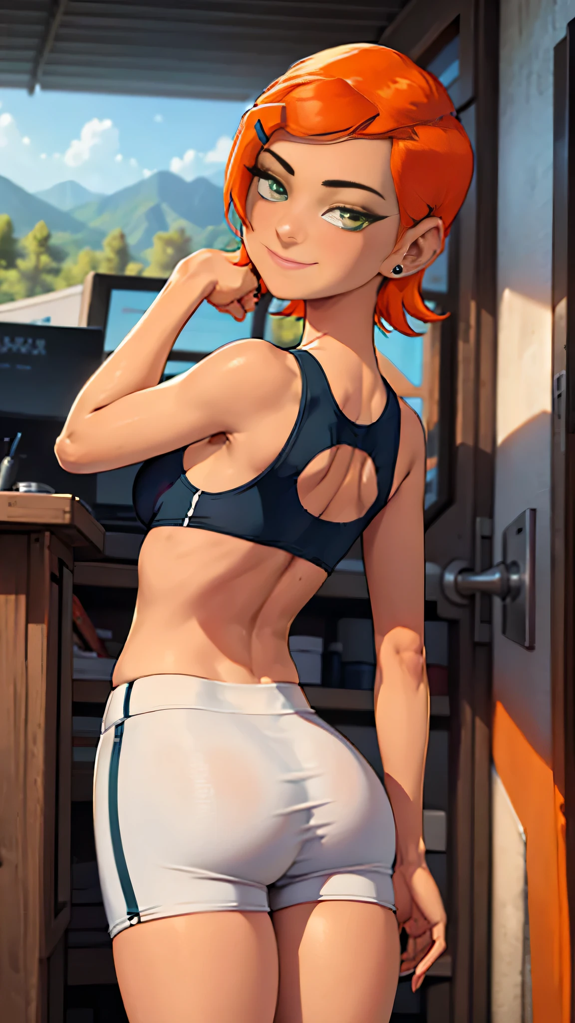 1 girl,(solo), (full body view), (masterpiece:1.2), (high quality:1.0),looking at viewer, (ultra detailed),smile,short orange hair, green eyes, Gwen Tennyson,sports bra, yoga shorts  curvy, from behind,