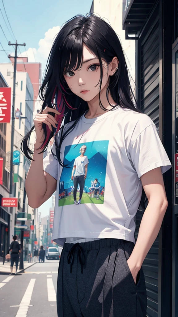 masterpiece, Highest quality, , Colorful Hair, Outdoor, Upper Body,Wearing a T-shirt and pants,Long Hair