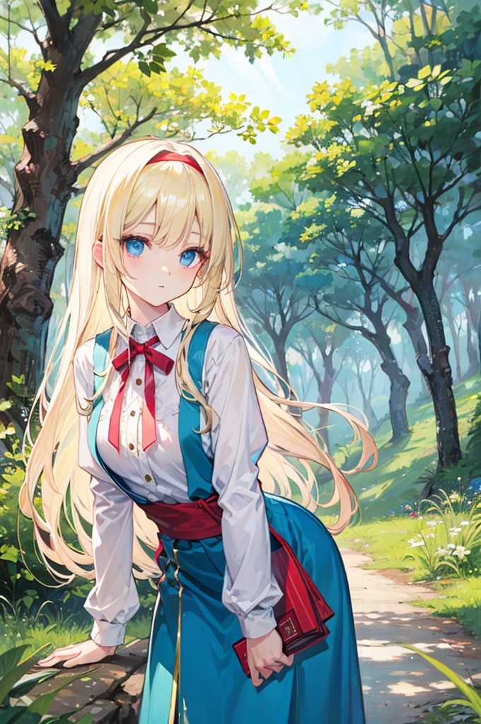 Alice漫游仙境,fairy tales,((Alice)),Light blond long hair,Blue Eyes,Well-behaved and cute,In the forest,