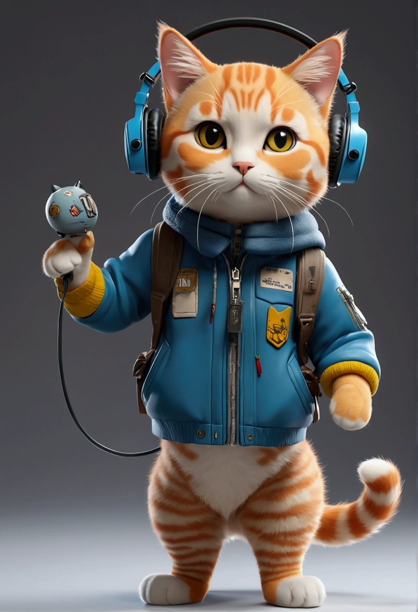 ((Highest quality, 8k, masterpiece: 1.4)),((Amazing details: 1.3)),((figure, Hairstyle Casual: 1.2)),((High resolution: 1.1)), Cute cat standing, Put the headset on your head, Tactical Coat, fashionable, Soft Light, colorful, Depth of written boundary, Cinema Lighting, From below, Anatomically correct, Amazing painting art, no one〜do not have