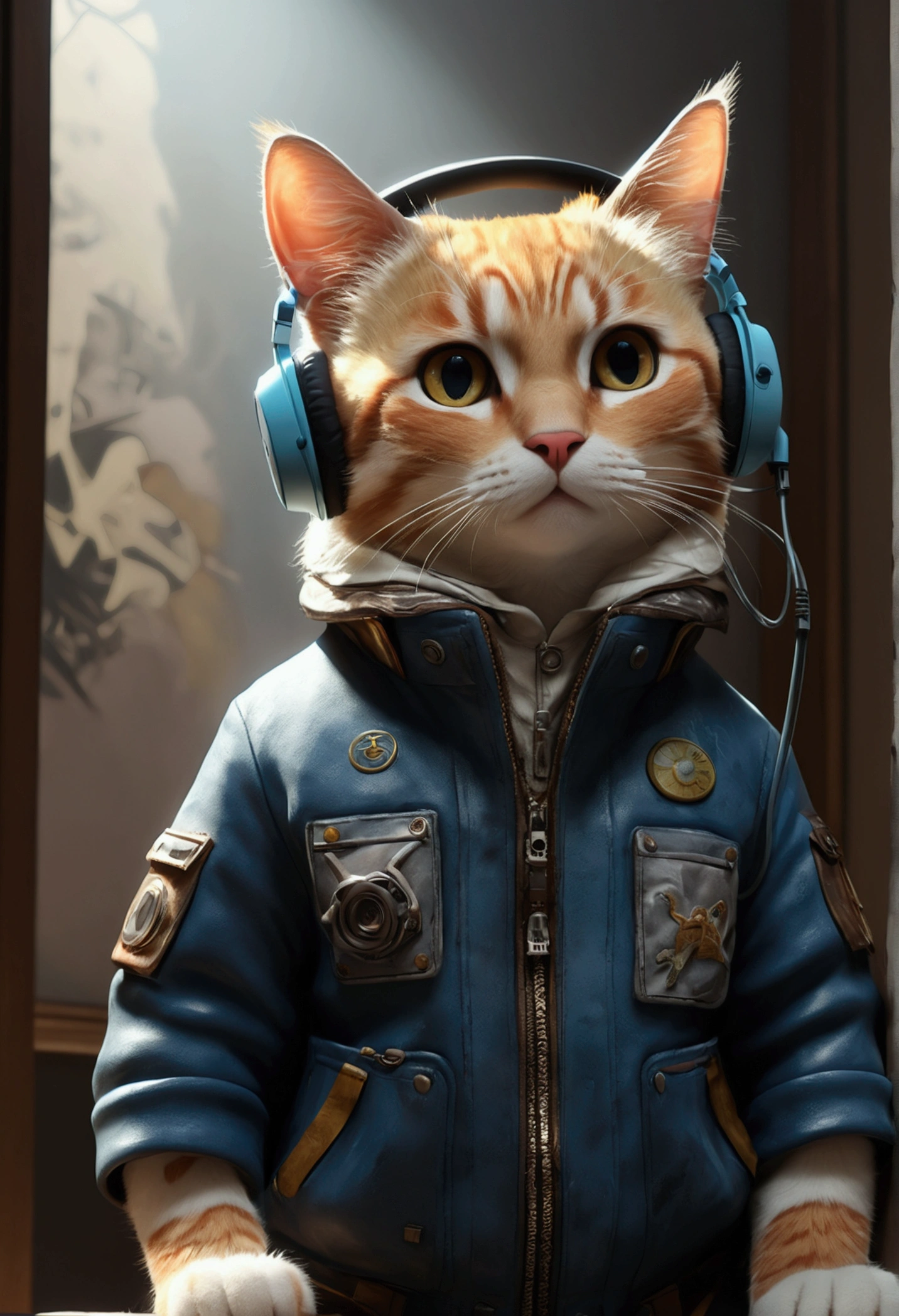 ((Highest quality, 8k, masterpiece: 1.4)),((Amazing details: 1.3)),((figure, Hairstyle Casual: 1.2)),((High resolution: 1.1)), Cute cat standing, Put the headset on your head, Tactical Coat, fashionable, Soft Light, colorful, Depth of written boundary, Cinema Lighting, From below, Anatomically correct, Amazing painting art, no one〜do not have