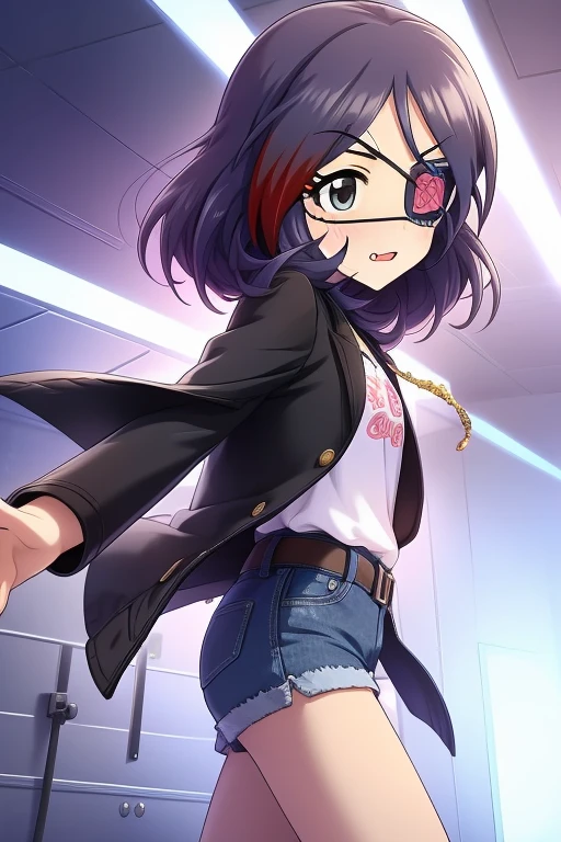Hayasaka Mirei,purple hair,multicolored hair,fang,brown eyes,short hair,eyepatch,white shirt,Denim shorts,shorts rolled,belt,from side
