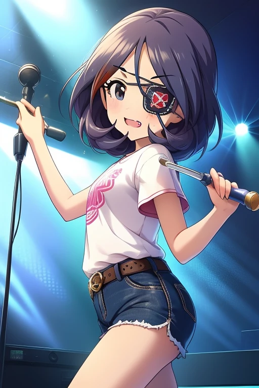 Hayasaka Mirei,purple hair,multicolored hair,fang,brown eyes,short hair,eyepatch,white shirt,Denim shorts,shorts rolled,belt,from side