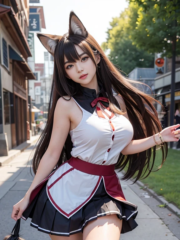 ((Highest quality, 8k)), ((masterpiece)), (Highest Resolution), Perfect Face, fox girl, high school girl, Beautiful woman, public, Has one tail, She has thick thighs, a large tail, She has a red fox tail, She wags her tail, Troubled face, fur collar, She wears a short skirt, Beautiful Hips , Big Breasts, The skirt is rolled up with a big tail