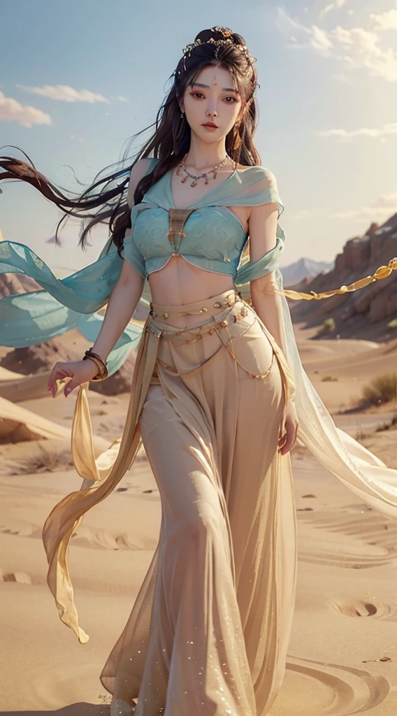 (masterpiece: 1.3), best quality, High resolution, Delicate skin、Tall、beautiful woman, Exquisite double eyelids and bright eyes, dark brown wavy hair, Dunhuang_skirt, Dunhuang_clothing, around the leash, Wearing a necklace, (Desert dunes as background), Render beautiful facial details and skin textures.