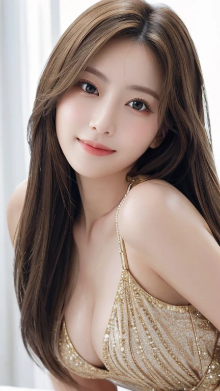 masterpiece、Highest quality、High resolution、Tabletop、wallpaper、Realistic、Bright lighting、Professional Lighting、Face Light、Smooth lighting、Japanese women、Adult、Beautiful woman、action、gravure、sexy、poor、so beautiful、Beautiful Skin、Beautiful and detailed、Detailed face、slim、moderately、Long Hair、Brunette Hair、Brown eyes、Looking into the camera、smile、Cleavage