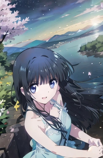 Shiba Miyuki (masterpiece),  BREAK 1girl,  skimpy summer dress,  wavy hair,  floating hair,  smile,  standing,  open mouth,  light particles,  black hair,  icy blue eyes,  looking at viewer,  face focus, BREAK, scenery,  mountainous horizon,  cherry blossoms,  petals,  light particles,  BREAK upper body,  