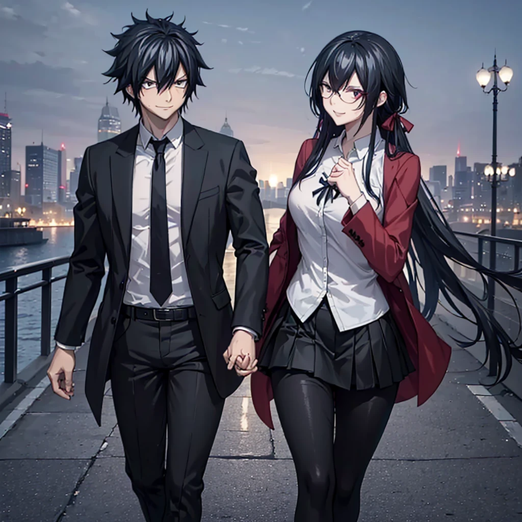 A man together with a woman holding hands Walking on a wide sidewalk overlooking a city at night with illuminated buildings, with perfect lighting, (romantic mood) (holding hands perfectly with coherent fingers), (Azurlane, IJN_Taihou, woman wearing red coat white shirt , black skirt, black tights, smiling red eyes, long black hair) (a man wearing a black suit, Fairy_tail,Gray fullbuster, black pants, black hair, dark blue eyes, smiling) (just a man and woman couple), .shadow, flower , UHD , masterpiece, accurate, anatomically correct, textured skin, super detail, high quality, best quality, 8k, high resolution, bokeh effect.
