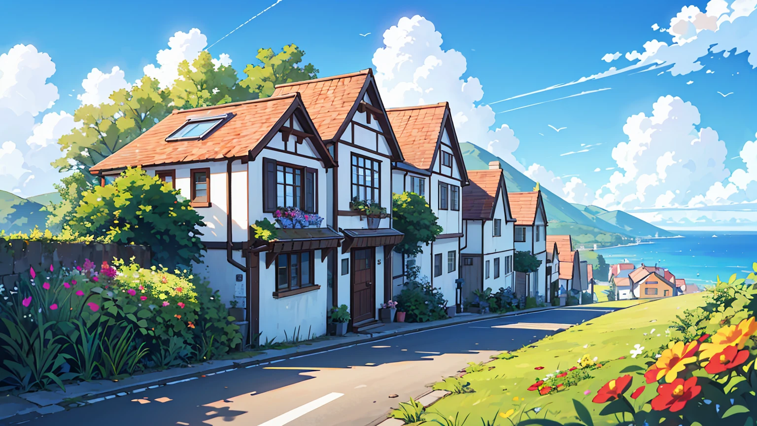 (masterpiece, best quality), from behind,open sea,calm,400 meters up the hill,Downhill road to the beach,clean sky,Clumping clouds, relaxed,A small village seen at the end of the road,looking at the village,The roads are full of flowers,view from the hill, The refreshing feeling of the wind,