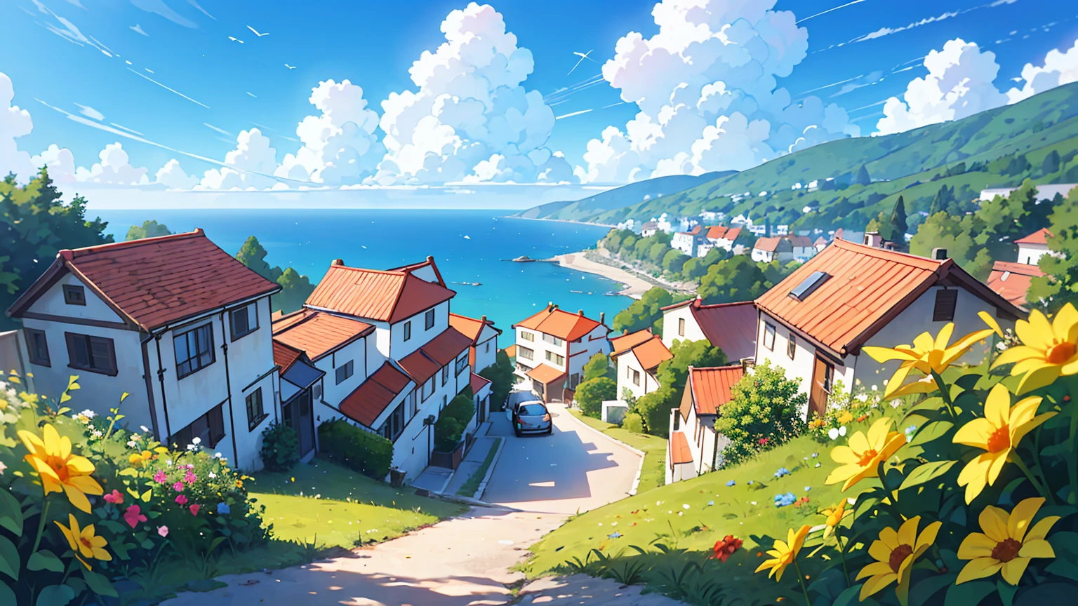 (masterpiece, best quality), from behind,open sea,calm,400 meters up the hill,Downhill road to the beach,clean sky,Clumping clouds, relaxed,A small village seen at the end of the road,looking at the village,The roads are full of flowers,view from the hill, The refreshing feeling of the wind,