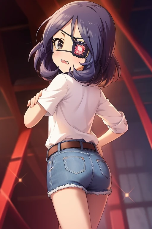 Hayasaka Mirei,purple hair,multicolored hair,fang,brown eyes,short hair,eyepatch,white shirt,Denim shorts,shorts rolled,belt,from behind,ass