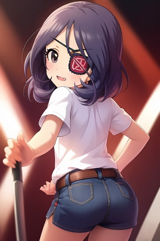 Hayasaka Mirei,purple hair,multicolored hair,fang,brown eyes,short hair,eyepatch,white shirt,Denim shorts,shorts rolled,belt,from behind,ass