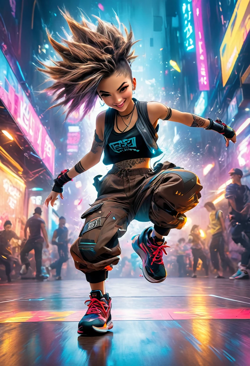 (masterpiece, best quality:1.2), A cute lady, solo, breakin dancer, power movements, strenuous movements, intense footwork, squatting down with one leg stretched out, Dynamic Motion Blur, Sweat shines and pops, cyberpunk, lips apart, (punk color short hair, brown eyes), Anatomically accurate hands and fingers, (crop top, cargo pants, sneakers), Fluttering hair, particles, atmosphere full of steam, professional lighting, cinematic lighting, Dynamic action scenes