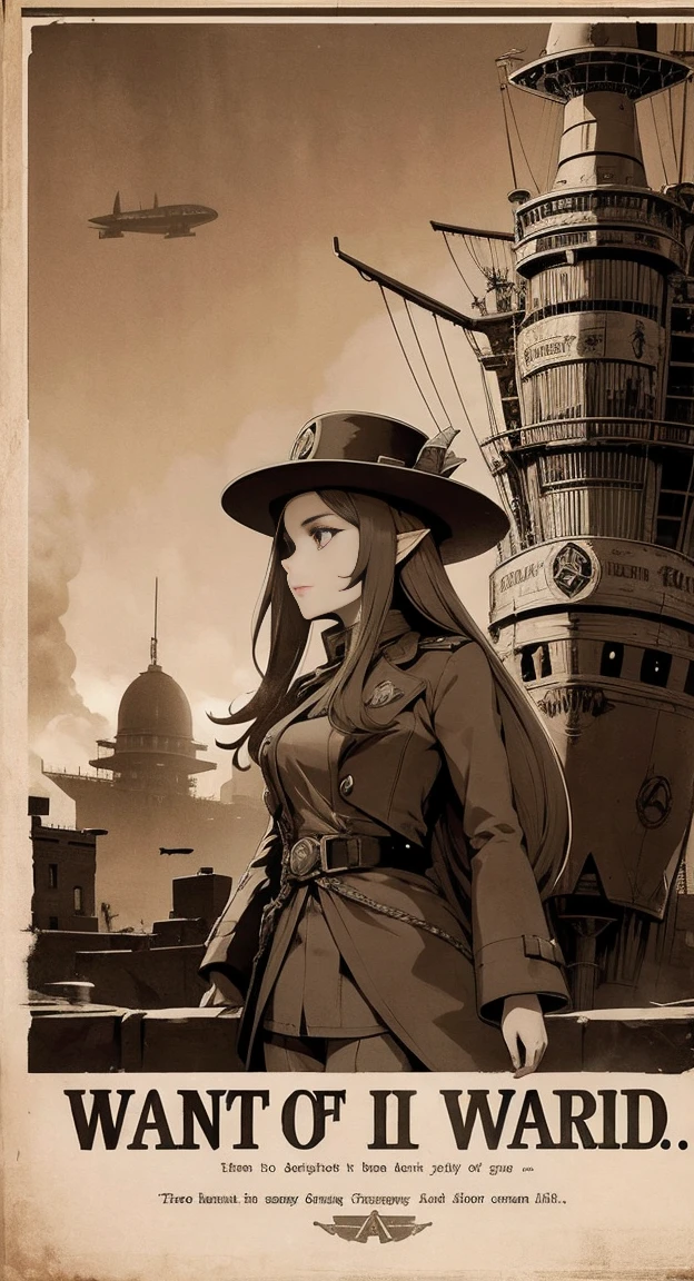 Sophisticated Hylia, hat, steampunk suit, airship, muted colors, red filter, aged photo effect, war propaganda poster,