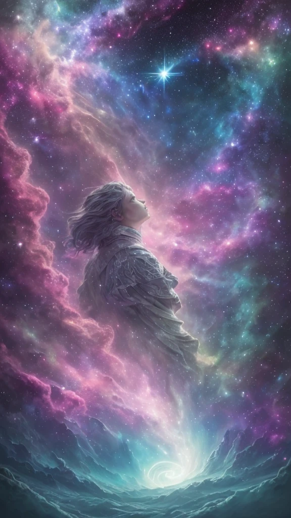 A scene in which a figure emerges from an unimaginably spectacular cloud of starlight、Fractal nebula line、cosmic entity、a heavenly being、kosmos、vibrant and vivid、Starlight Vortex、Revolutions、Not real、hight contrast、symbiosiagia、mistic、mistic、Surreal、Supersaturation、Colorful　Gods
