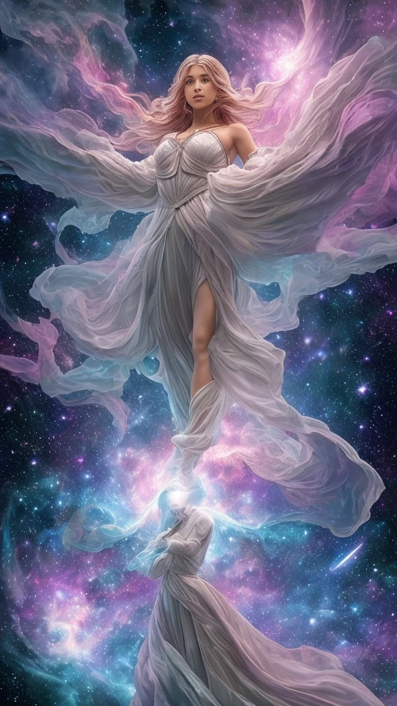 A scene in which a figure emerges from an unimaginably spectacular cloud of starlight、Fractal nebula line、cosmic entity、a heavenly being、kosmos、vibrant and vivid、Starlight Vortex、Revolutions、Not real、hight contrast、symbiosiagia、mistic、mistic、Surreal、Supersaturation、Colorful　Gods