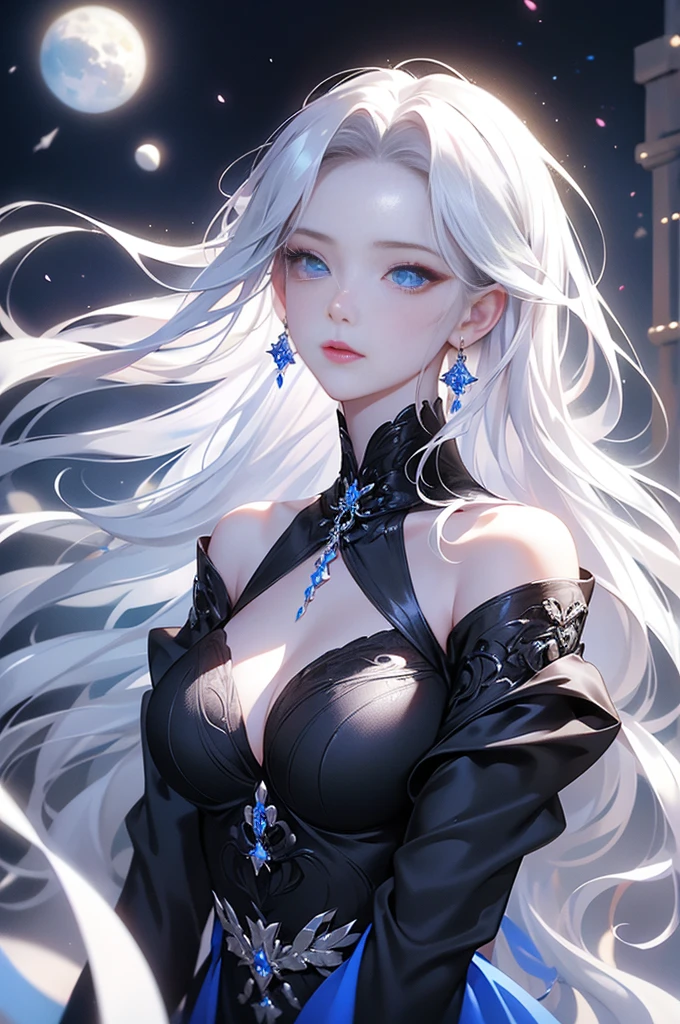 ((1 girl, 独奏:1.5, alone))Night view,star,(White Haired Girl:1.3),((masterpiece))、(detailed)、(Backlight)(A fantastic atmosphere、Ancient Capital、Amazing beauty images、white dust、Light and dance-like、Suspended particles), (Black Dress、Long dress with sleeves、Expose your shoulders、Off the shoulder)、(Gray hair that changes with light、length, Lustrous gray hair、WHITE hair fluttering in the wind)、(Beautiful white and shining skin、Cheek Gloss Highlighter、Sexy and very beautiful and adorable face、The most beautiful face in the world、big, Sparkling Blue Eyes)、(Cute 25 year old girl、Beautiful medium sized breasts、Great cleavage, Narrow waist、Delicate shoulders、Slim figure)