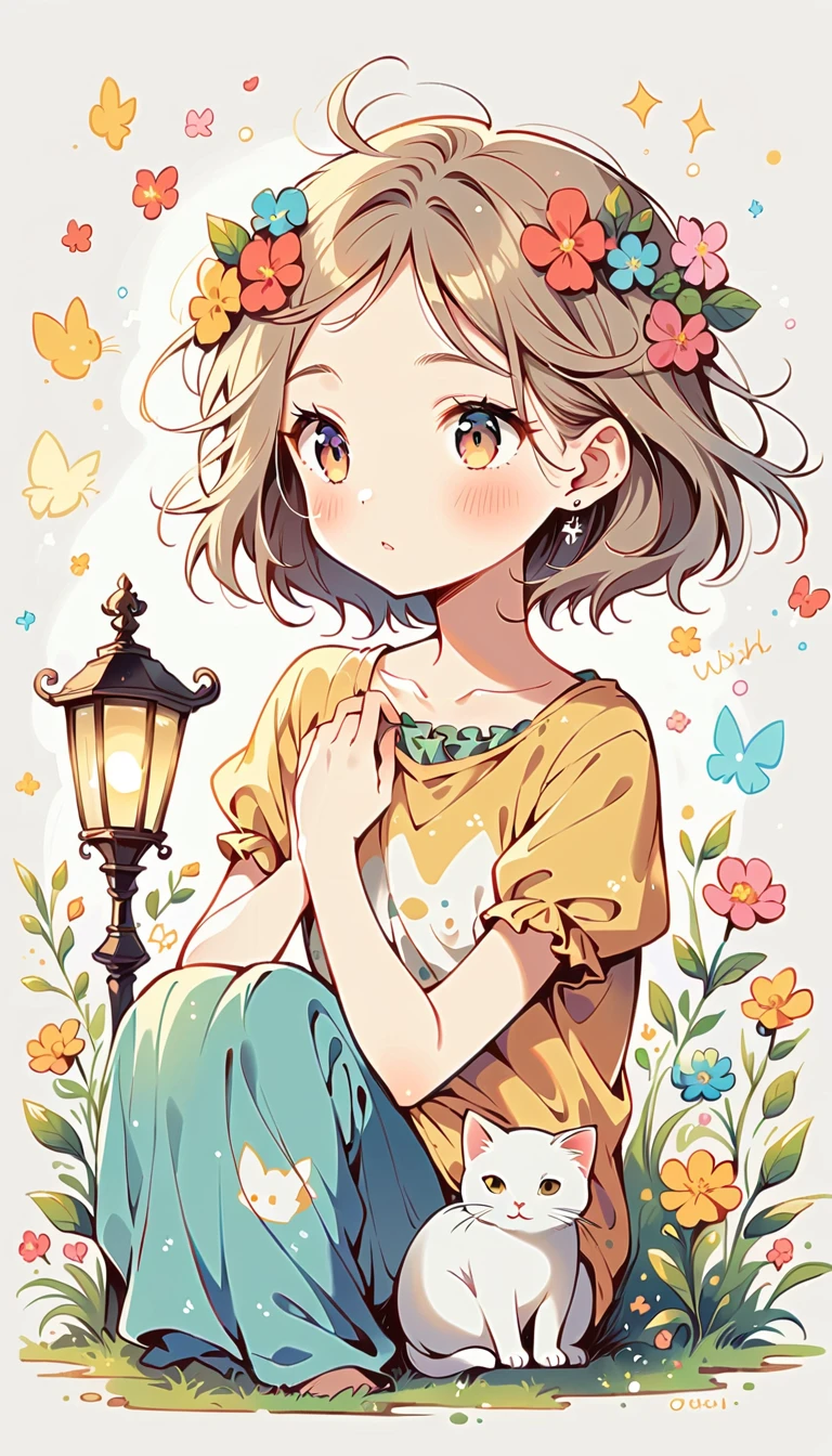white background, Watase Seizo style, Simple line initials,shining pupils,((wish, lamplight, cat)), (((The Most Beautiful Girl))), vivid colors, Vivid color,