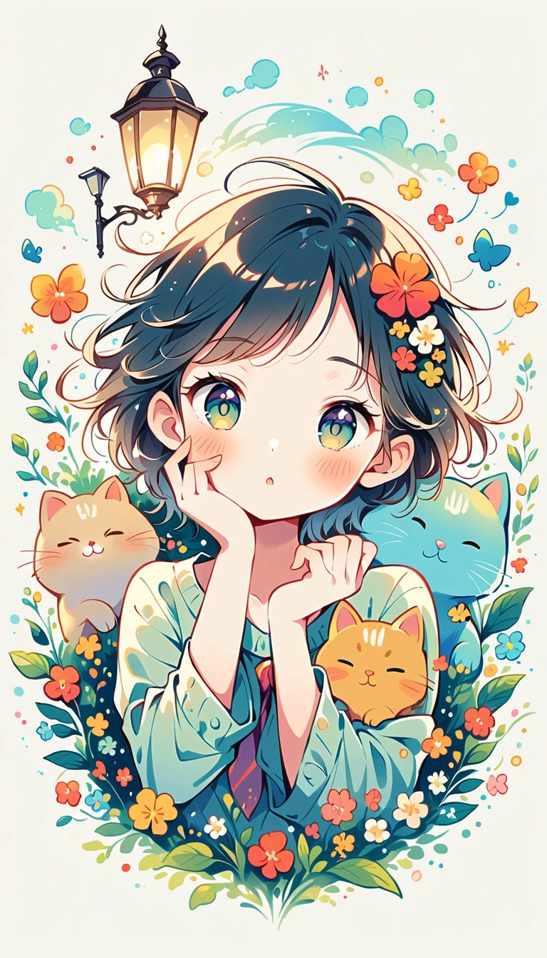 white background, Watase Seizo style, Simple line initials,shining pupils,((wish, lamplight, cat)), (((The Most Beautiful Girl))), vivid colors, Vivid color,