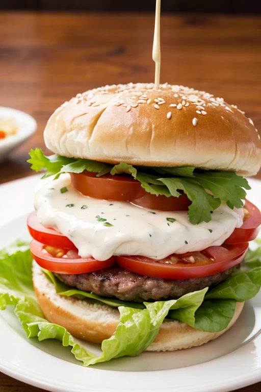 front shot of succulent and very tall burger with a wheel of tomato, queso, lots of lettuce, little onion, a single portion of meat, served on white plate
