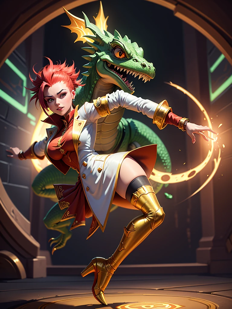 ((best quality)) , ((masterpiece)) , (detailed)，Illustration of a Hearthstone card game character, a lizard in a white suit with a red mohawk dancing on a golden dance floor, with yellow lights and green decorations in the background, in the style of a cartoon.