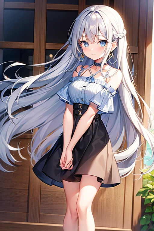 One girl, Long Hair, Gray Hair, Curly Hair, Hoop Earrings, blue eyes, Anime Style, Feet out of frame, Part of the picture goes outside the frame, Blushing, 