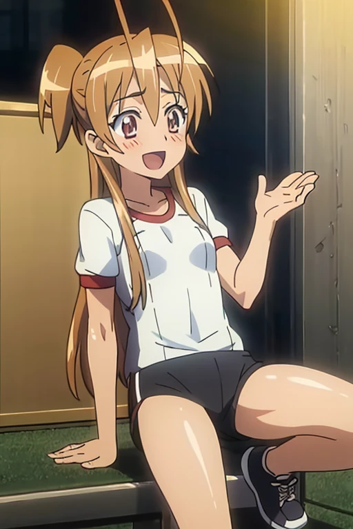 ((Highest quality)), ((masterpiece)), (be familiar with), Perfect Face, indoor, Bedroom, Watching the audience,
One woman, Rei Miyamoto,
Open Mouth, Ecstatic expression, blush, smile,
Small breasts, Flat Chest, Young Girl, , , Girl,
Long Hair, Long Hair,
Gym suit, White short sleeves, Black shorts, Leg spread,