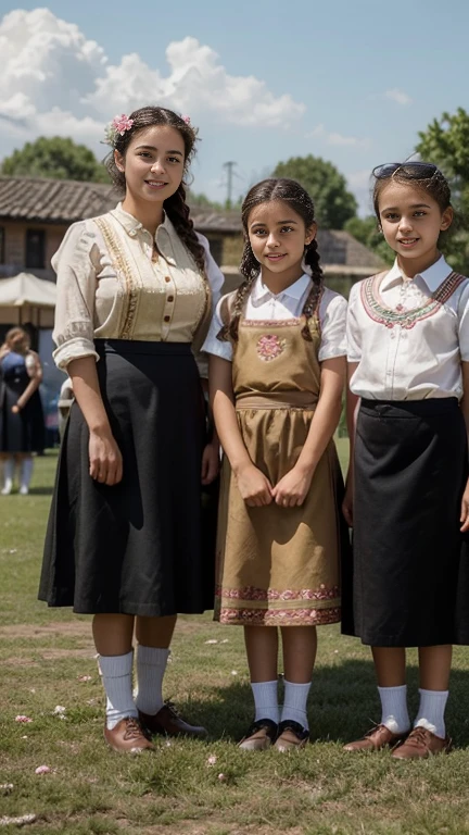 front view, stand on field, ((1 girl and her children with stand on ground :1.3)) ,1945 years June, Europeans War is end , 1 girl is 25 years-old, (brown hair ,double braid, smile), (slime body, traditional German costumes from the 1930s) (The women are wearing embroidered Dirndls, which include a close-fitting bodice with a low neckline, a blouse worn under the bodice), (Black wide high-waisted knit skirt, An ankle-length skirt ), (White apron, flower arrange embroidered apron), traditional shoes, The setting is a rural village during a festival, with people engaging in traditional activities and celebrating their heritage , textured skin , (HI detailed skin, (foreshortening, Canon, 8K, anatomically correct, super detail, high details, highness))