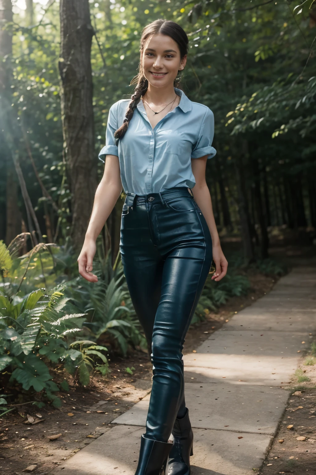 masterpiece, best quality:1.4, realisticlying:1.4,full body shot, 1girl skinny with beautiful skin (bright skin,wet skin:0),high detail, forest traveler, shy smile, french plait hair, wristed watch, green cotton shirt, blue jean, black leather boots,black plastic earring, silver necklace, skinny arm, perfect lighting, perfect walking dynamic pose,
