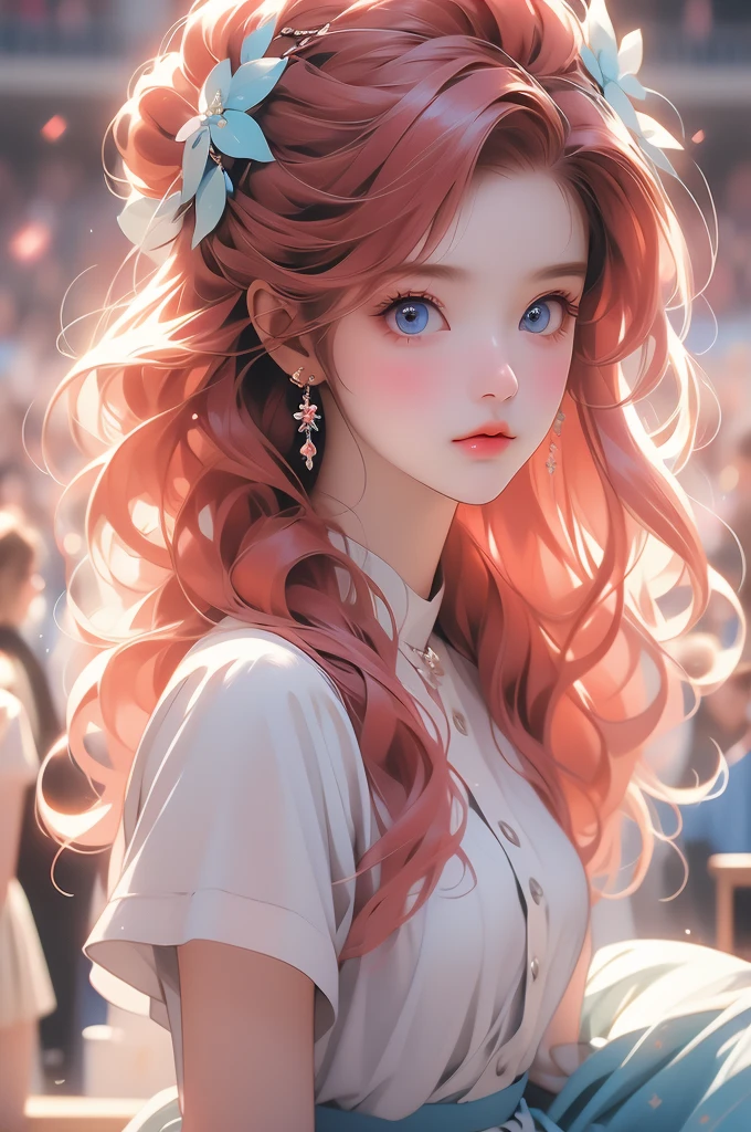 photoactual, lip gloss, , actual, best quality, ultra high resolution, depth, pastel colors, Natural shades, focus on face, Just look at the face, looking at the audience, long hair, hair accessories, red hair, blue and detailed eyes, skirt