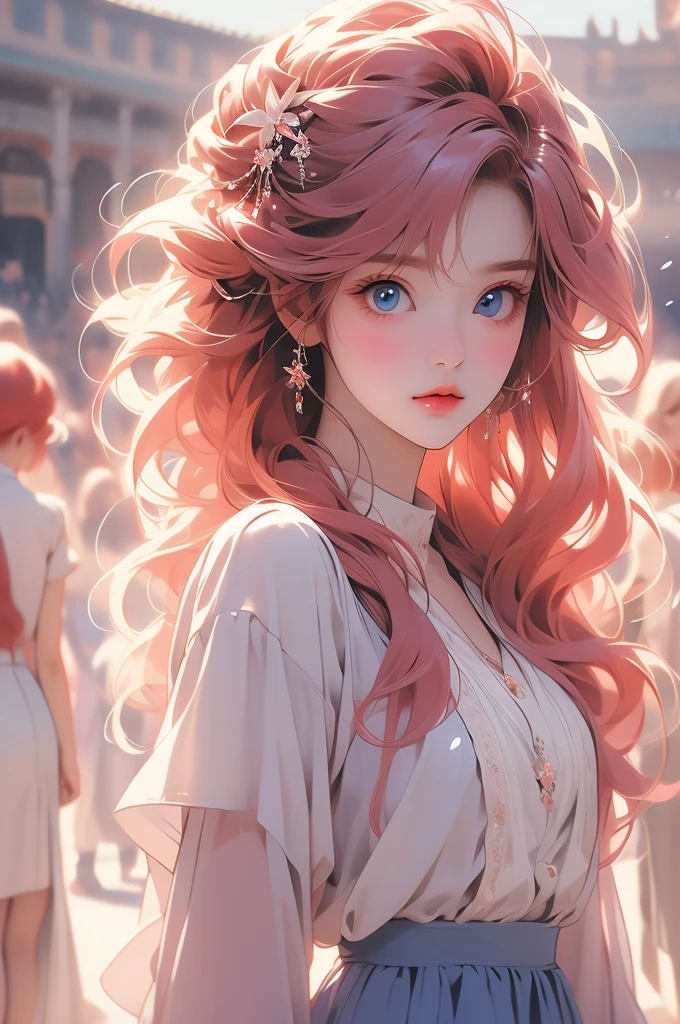 photoactual, lip gloss, , actual, best quality, ultra high resolution, depth, pastel colors, Natural shades, focus on face, Just look at the face, looking at the audience, long hair, hair accessories, red hair, blue and detailed eyes, skirt