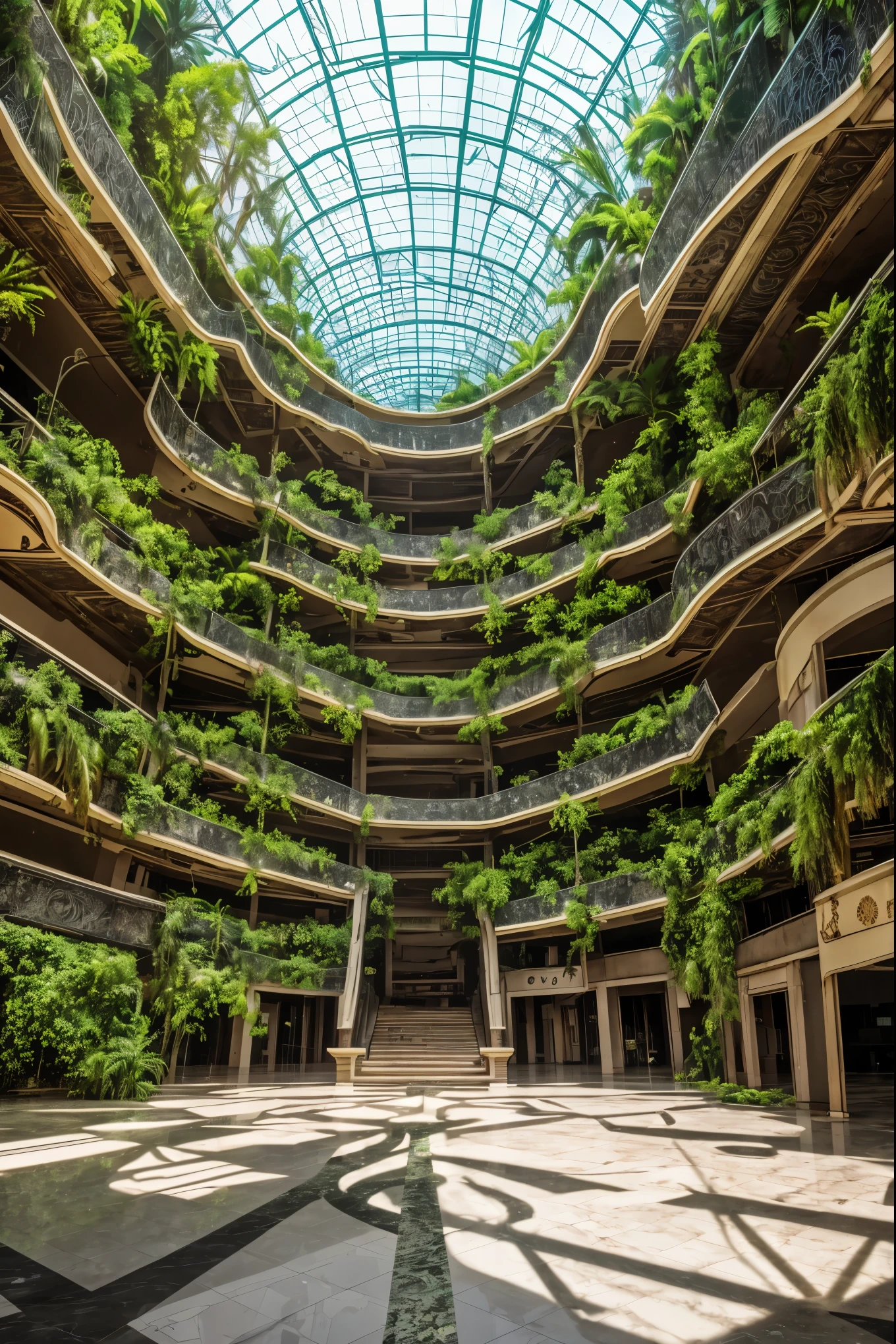 Large fantasy abandoned mall, flooded floor, glass ceiling, upstairs viewpoint with parapet, trees, vines, orchids, bromeliads, palm trees, ornaments, golden, many plants, tropical plants, marble walls, dynamic light, 8K, masterpiece, ultra detailed, beautiful.