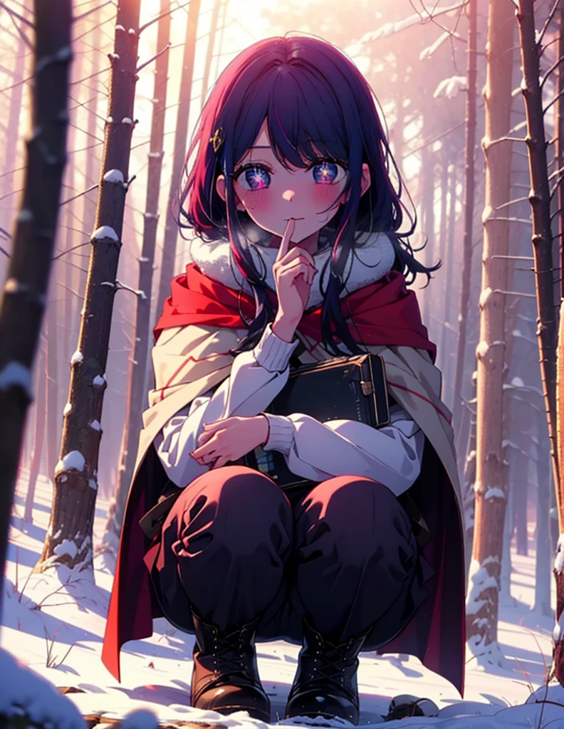 aihoshino, Ai Hoshino, Long Hair, bangs, (Purple eyes:1.1), Purple Hair, (Symbol-shaped pupil:1.5), smile,,smile,blush,white breath,
Open your mouth,snow,Ground bonfire, Outdoor, boots, snowing, From the side, wood, suitcase, Cape, Blurred, , forest, White handbag, nature, Squat, Mouth closed, Cape, winter, Written boundary depth, Black shoes, red Cape break looking at viewer, Upper Body, whole body, break Outdoor, forest, nature, break (masterpiece:1.2), Highest quality, High resolution, unity 8k wallpaper, (shape:0.8), (Beautiful and beautiful eyes:1.6), Highly detailed face, Perfect lighting, Extremely detailed CG, (Perfect hands, Perfect Anatomy),