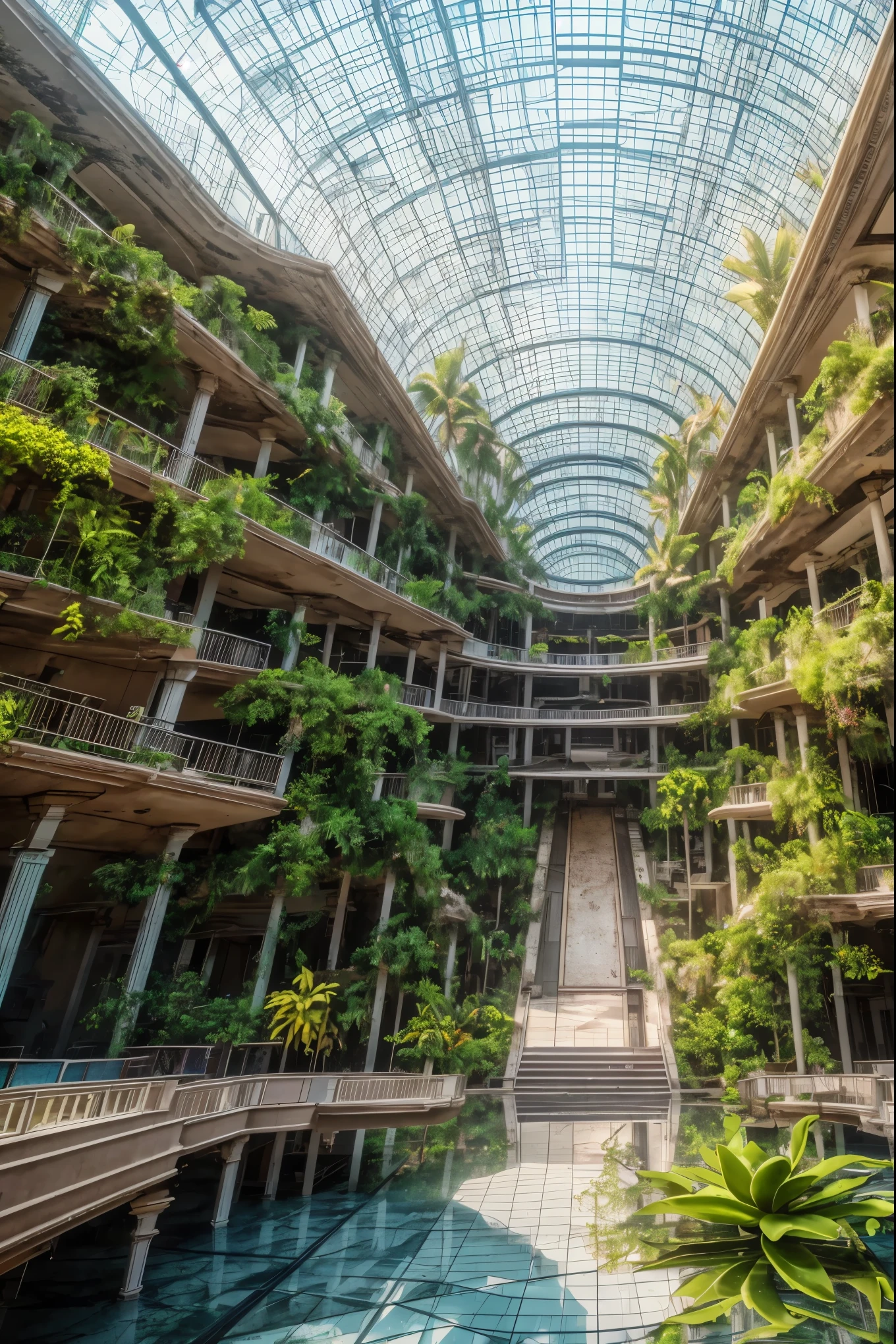 Large fantasy abandoned mall, flooded floor, glass ceiling, upstairs viewpoint with parapet, trees, vines, orchids, bromeliads, palm trees, ornaments, golden, many plants, tropical plants, marble walls, dynamic light, 8K, masterpiece, ultra detailed, beautiful.