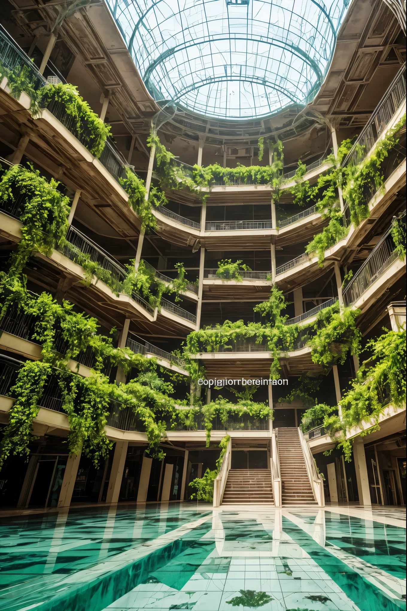 Large fantasy abandoned mall, flooded floor, glass ceiling, upstairs viewpoint with parapet, trees, vines, orchids, bromeliads, palm trees, ornaments, golden, many plants, tropical plants, marble walls, dynamic light, 8K, masterpiece, ultra detailed, beautiful.