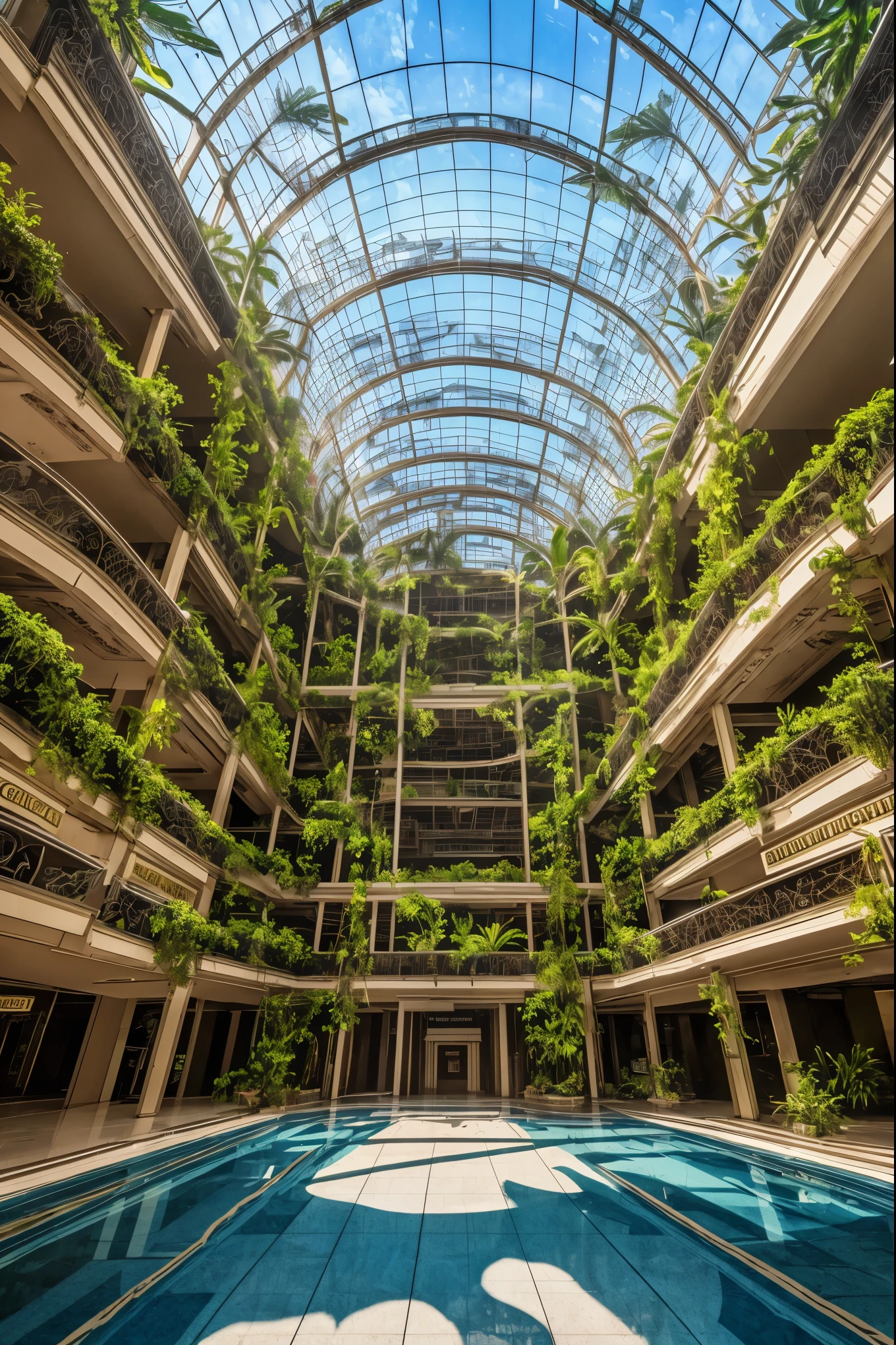 Large fantasy abandoned mall, flooded floor, glass ceiling, upstairs viewpoint with parapet, trees, vines, orchids, bromeliads, palm trees, ornaments, golden, many plants, tropical plants, marble walls, dynamic light, 8K, masterpiece, ultra detailed, beautiful.