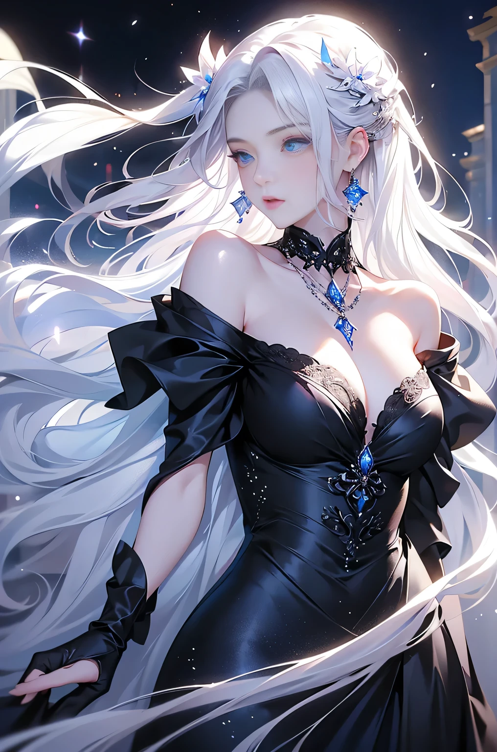 ((1 girl, solo:1.5, alone))Night view,star,（White Haired Girl:1.3）,（（masterpiece））、（detailed）、（Backlight）(A fantastic atmosphere、ancient capital、Amazing beauty images、white dust、Light and dance-like、Suspended particles), (Black Dress、Long dress with sleeves、Expose your shoulders、Off the shoulder)、（Gray hair that changes with light、length, Lustrous gray hair、WHITE hair fluttering in the wind）、（Beautiful white and shining skin、Cheek Gloss Highlighter、Sexy and very beautiful and adorable face、The most beautiful face in the world、big, Sparkling Blue Eyes）、（Cute 25 year old girl、Beautiful medium sized breasts、Great cleavage, Narrow waist、Delicate shoulders、Slim figure）
