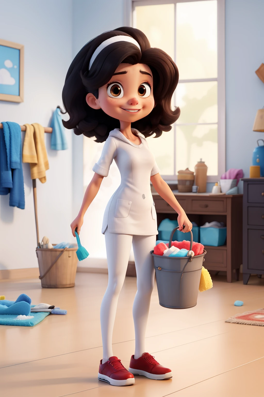a woman holding a bucket, brush, towel, and cleaning supplies, sponge on the floor, brush, in front of a white brushed painted background, crisp smooth clean lines, professional picture, in cartoon style, digital art. @mariomaniacdude, !!highly detailed!!, perfect hands, 😃😀😄☺🙃😉😗, extremely clean, by Luis Miranda