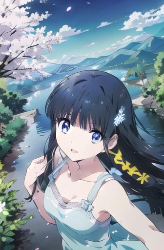 Shiba Miyuki (masterpiece),  BREAK 1girl,  skimpy summer dress,  wavy hair,  floating hair,  smile,  standing,  open mouth,  light particles,  black hair,  icy blue eyes,  looking at viewer,  face focus, BREAK, scenery,  mountainous horizon,  cherry blossoms,  petals,  light particles,  BREAK upper body,  