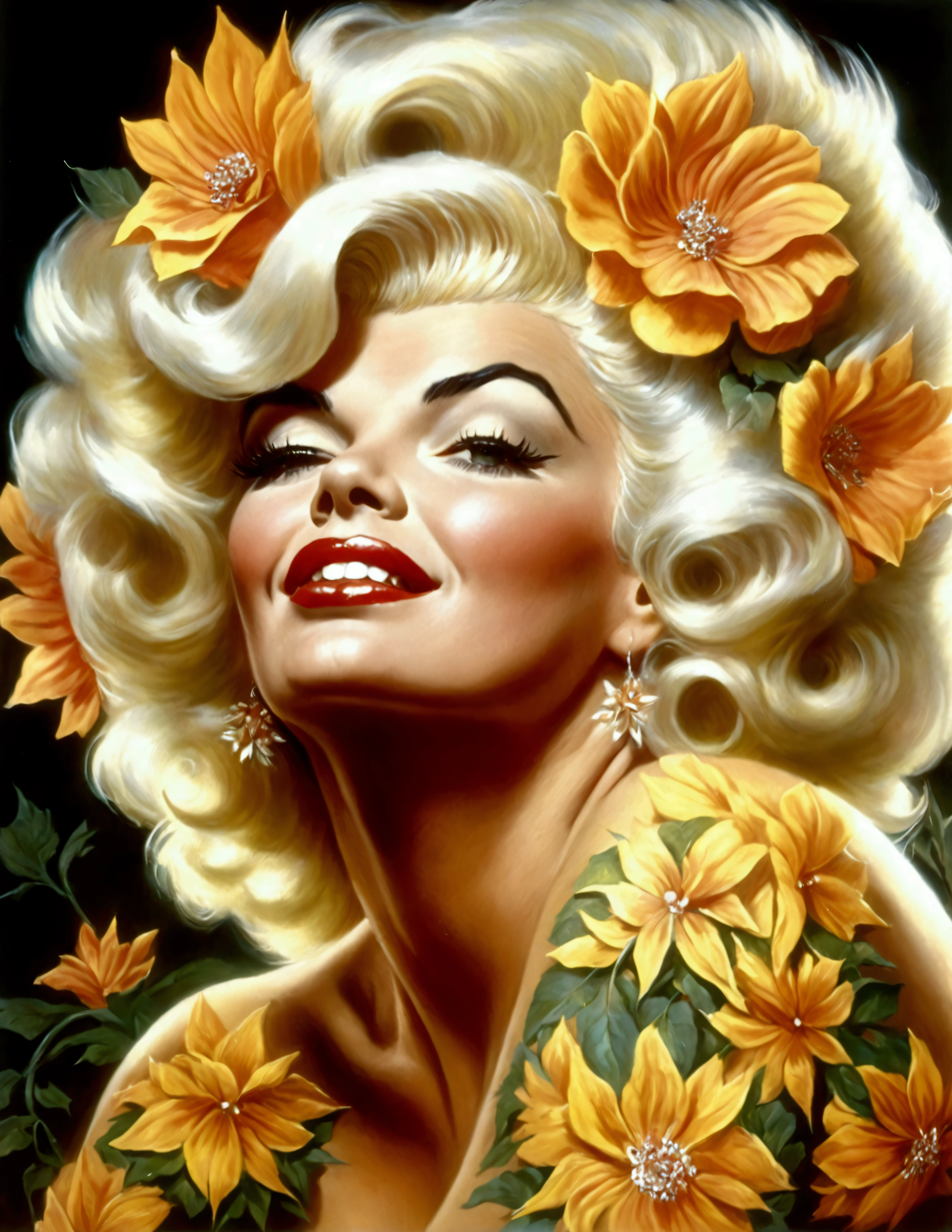 (Jayne Mansfield, age 25, extensive artistic body paint flower themed (only face and hands exposed)), doing an interpretive dance on stage, she is in spotlight, dancing like a flower in breeze