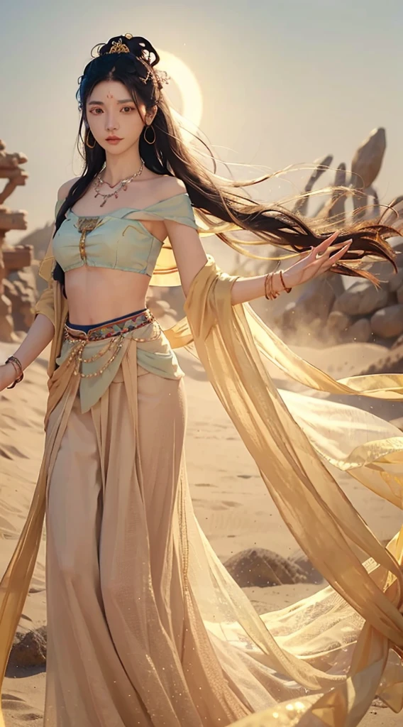(masterpiece: 1.3), best quality, High resolution, Delicate skin、Tall、beautiful woman, Exquisite double eyelids and bright eyes, dark brown wavy hair, Dunhuang_skirt, Dunhuang_clothing, around the leash, Wearing a necklace, (Desert dunes as background), Render beautiful facial details and skin textures.