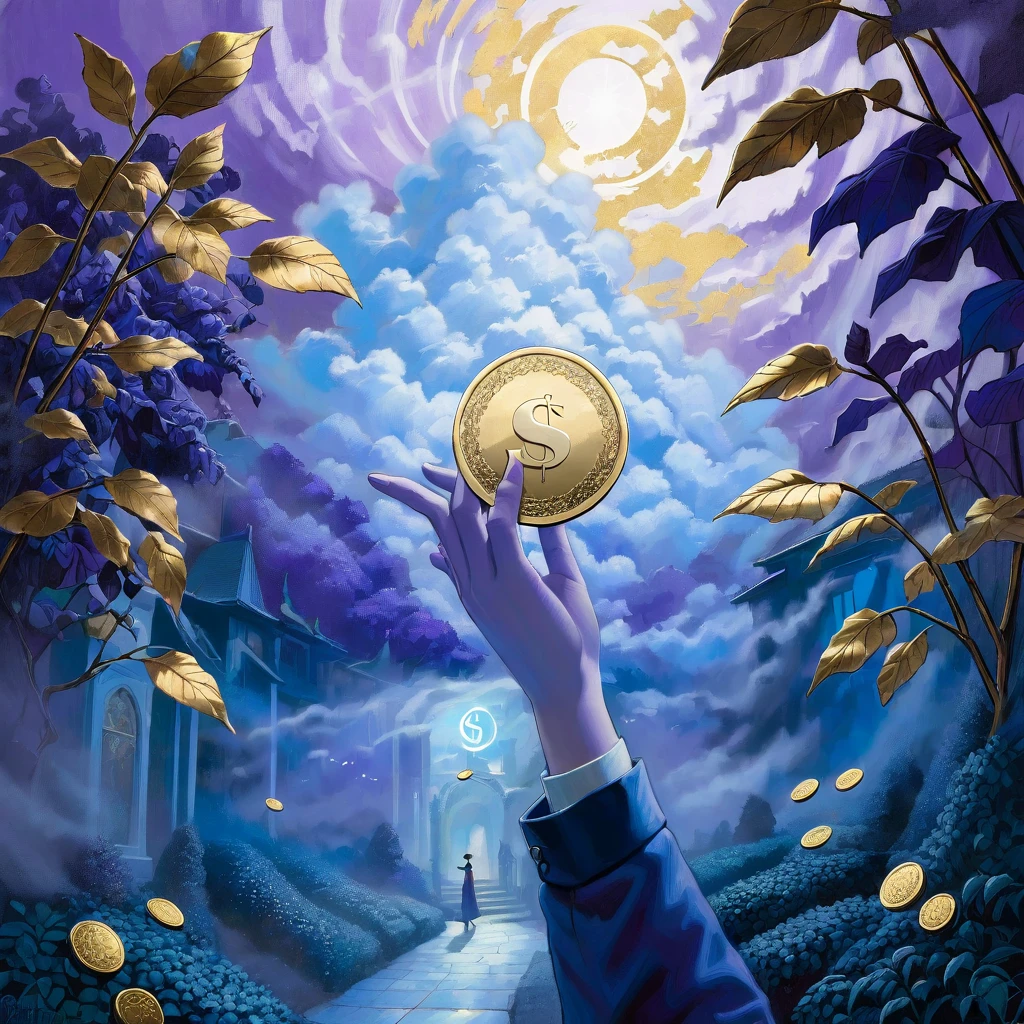 Over a leafy blue purple garden, a hand emerges from a cloud carrying a gold coin with a w on it (art inspired by Dave Mckean, intricate details, oil painting)