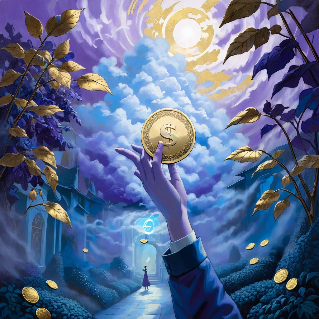Over a leafy blue purple garden, a hand emerges from a cloud carrying a gold coin with a w on it (art inspired by Dave Mckean, intricate details, oil painting)