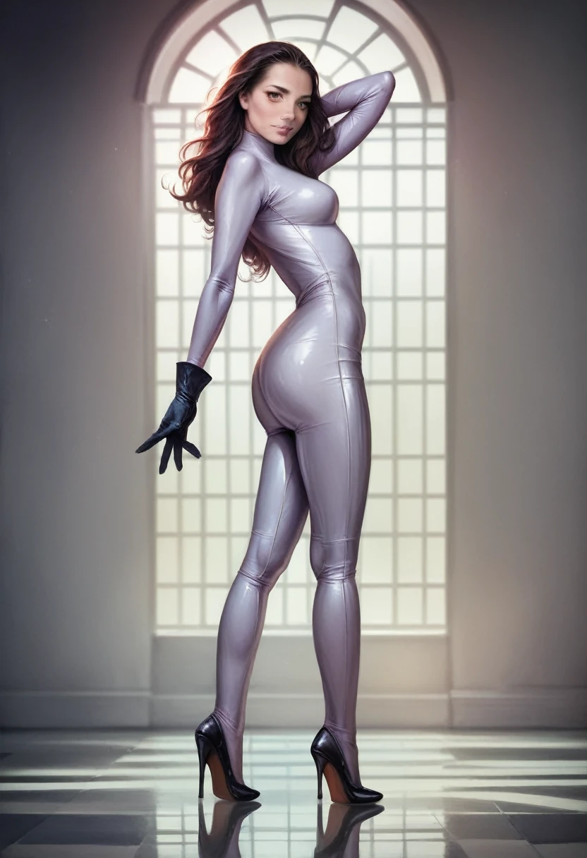 A beautiful japanese schoolgirl, highly detailed face with beautiful eyes, nose and lips, long eyelashes, wearing a jk uniform, high heels, gloves, a tight latex bodysuit, in a dynamic pose, intricate details, photorealistic, 8k, (best quality,4k,8k,highres,masterpiece:1.2),ultra-detailed,(realistic,photorealistic,photo-realistic:1.37),vivid colors,cinematic lighting