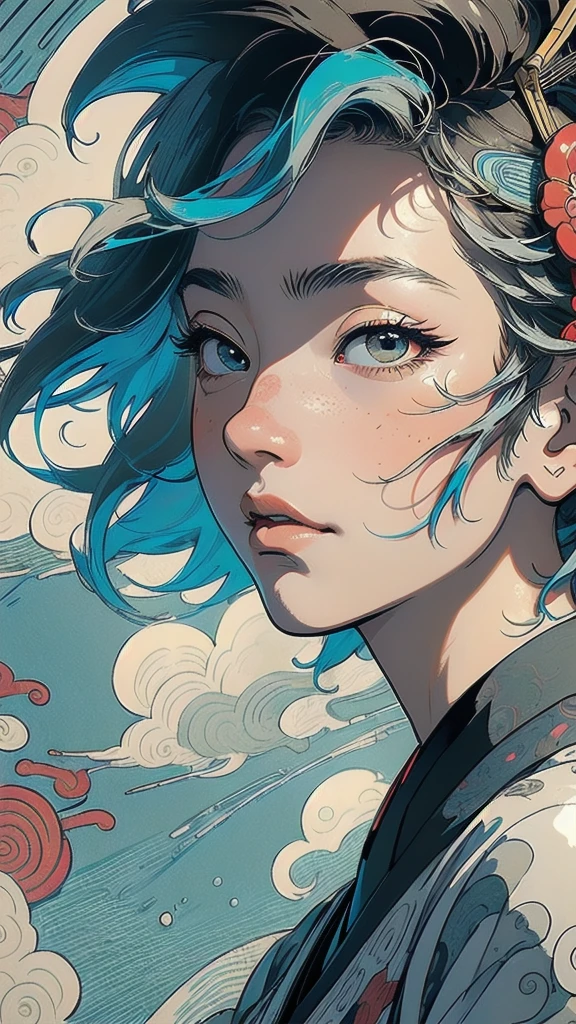 (((masterpiece, highest quality))),,(((solo:1.2))),(((1girl:1.2))),32k wallpaper, very detailed, poster, vintage science fiction,(((((portfolio))))),(((((Close-up))))),(((((bust up))))),((((more various angle)))),((((highlight)))),((((heterochromia)))),(((complete. detailed face))),(((detailed unlimited complete equipment : rail gun))),(((((Absolutely Realistic Clouds background))))),(((Texture for people : halftone))),((Open your mouth wide)),(((((Wind God and Thunder God))))),(((Ukiyo-e)))