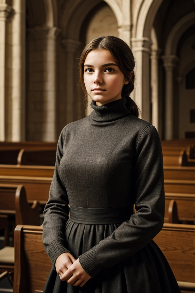 ((best quality)), ((masterpiece)), (detailed), woman dressed as a 19th century turtleneck in a Byzantine church
