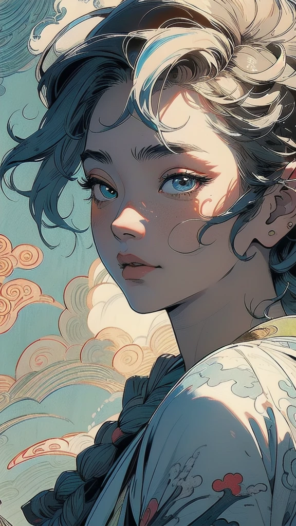 (((masterpiece, highest quality))),,(((solo:1.2))),(((1girl:1.2))),32k wallpaper, very detailed, poster, vintage science fiction,(((((portfolio))))),(((((Close-up))))),(((((bust up))))),((((more various angle)))),((((highlight)))),((((heterochromia)))),(((complete. detailed face))),(((detailed unlimited complete equipment : rail gun))),(((((Absolutely Realistic Clouds background))))),(((Texture for people : halftone))),((Open your mouth wide)),(((((Wind God and Thunder God))))),(((Ukiyo-e)))